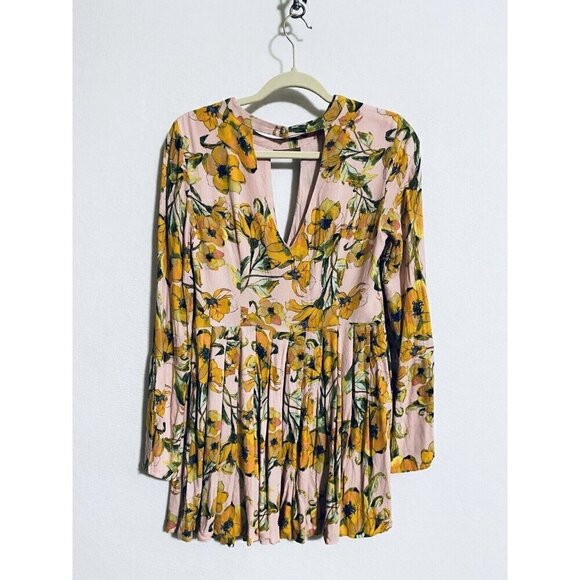 Free People Womens 4 Tegan Mini Dress Floral Print Slit Bell Sleeves Boho - Picture 6 of 9